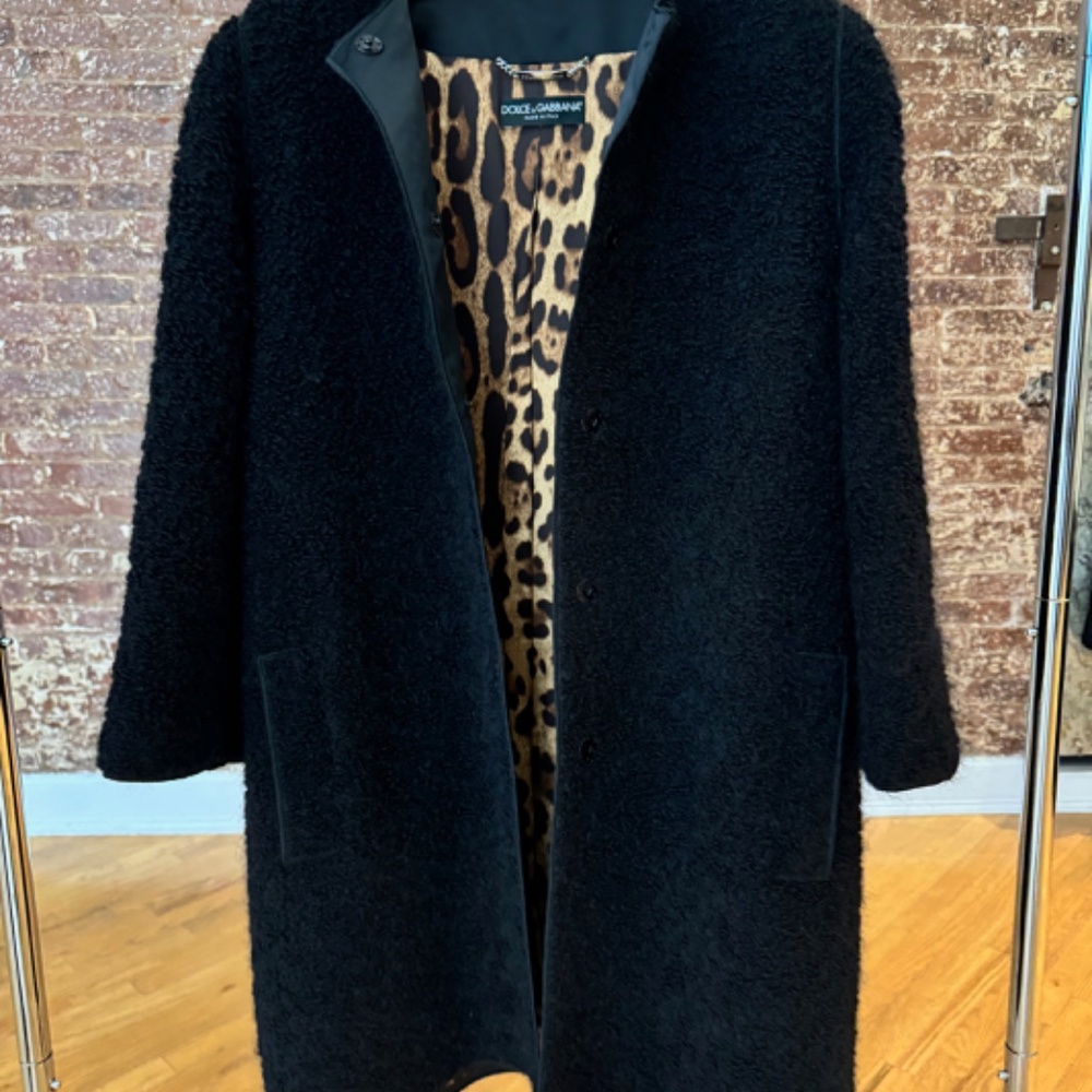 DOLCE & GABBANA - Black Wool/Mohair/Alpaca Coat with Leopard lining - Picture 9 of 15
